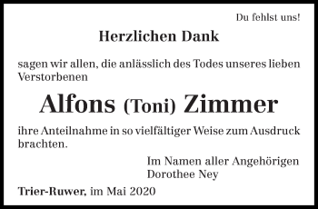 Todesanzeige von Alfons Zimmer von trierischer_volksfreund