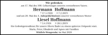 Todesanzeige von Hermann und Liesel Hoffmann von trierischer_volksfreund