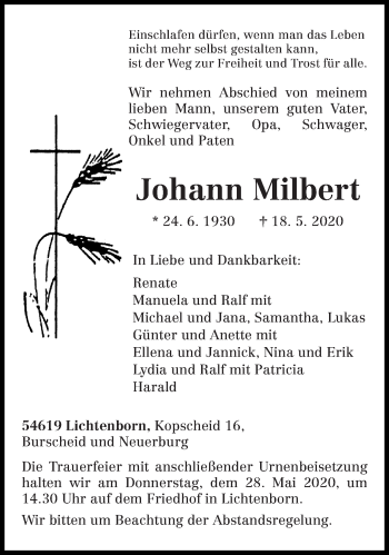 Todesanzeige von Johann Milbert von trierischer_volksfreund