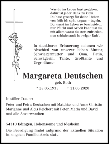 Todesanzeige von Margareta Deutschen von trierischer_volksfreund