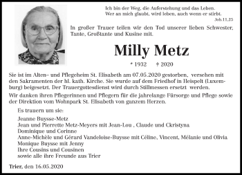 Todesanzeige von Milly Metz von trierischer_volksfreund