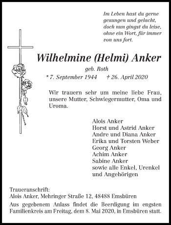 Todesanzeige von Wilhelmine Anker von trierischer_volksfreund
