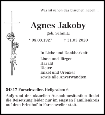 Todesanzeige von Agnes Jakoby von trierischer_volksfreund