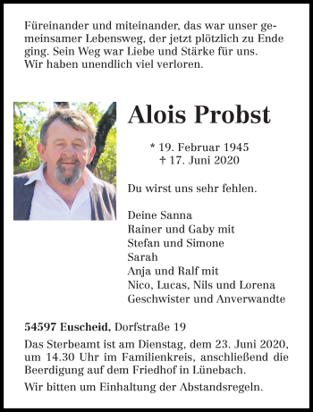 Todesanzeige von Alois Probst von trierischer_volksfreund