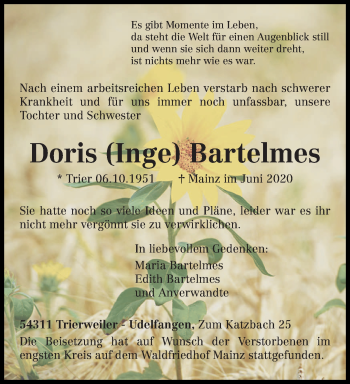 Todesanzeige von Doris Bartelmes von trierischer_volksfreund