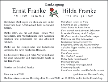 Todesanzeige von Ernst und Hilda Franke von trierischer_volksfreund