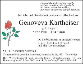 Todesanzeige von Genoveva Kartheiser von trierischer_volksfreund