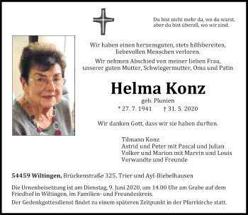 Todesanzeige von Helma Konz von trierischer_volksfreund