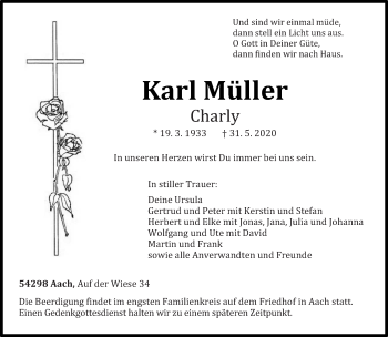 Todesanzeige von Karl Müller von trierischer_volksfreund