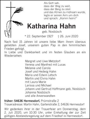 Todesanzeige von Katharina Hahn von trierischer_volksfreund