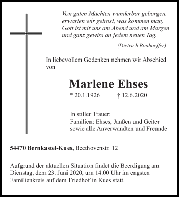 Todesanzeige von Marlene Ehses von trierischer_volksfreund