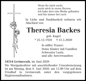 Todesanzeige von Theresia Backes von trierischer_volksfreund