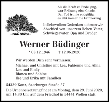 Todesanzeige von Werner Büdinger von trierischer_volksfreund