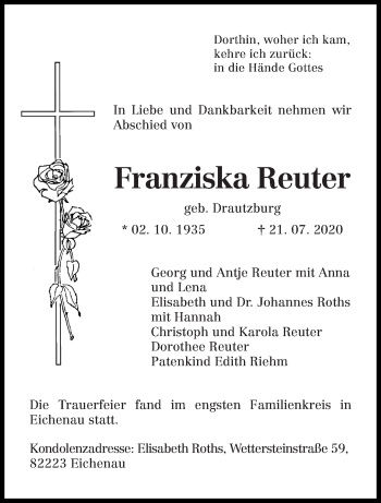 Todesanzeige von Franziska Reuter von trierischer_volksfreund