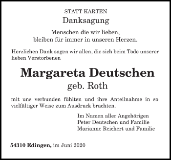 Todesanzeige von Margareta Deutschen von trierischer_volksfreund