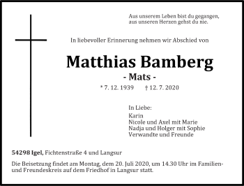 Todesanzeige von Matthias Bamberg von trierischer_volksfreund
