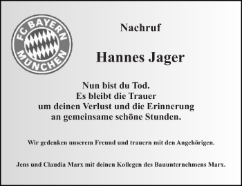 Todesanzeige von Hannes Jager von trierischer_volksfreund