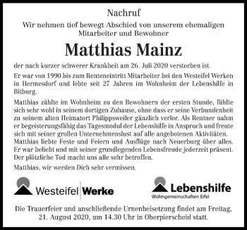 Todesanzeige von Matthias Mainz von trierischer_volksfreund