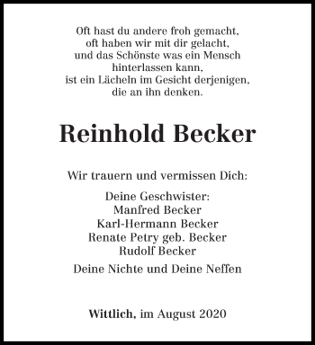 Todesanzeige von Reinhold Becker von trierischer_volksfreund