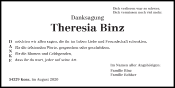 Todesanzeige von Theresia Binz von trierischer_volksfreund