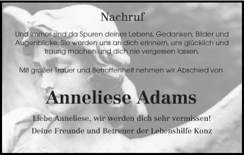 Todesanzeige von Anneliese Adams von trierischer_volksfreund