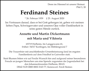 Todesanzeige von Ferdinand Steines von trierischer_volksfreund