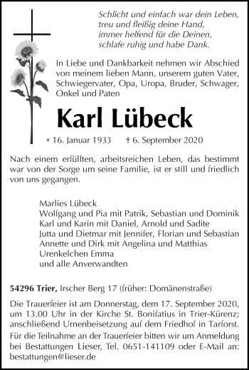 Todesanzeige von Karl Lübeck von trierischer_volksfreund