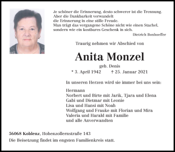 Todesanzeige von Anita Monzel von trierischer_volksfreund