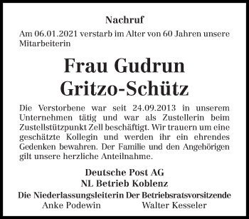 Todesanzeige von Gudrun Gritzo-Schütz von trierischer_volksfreund