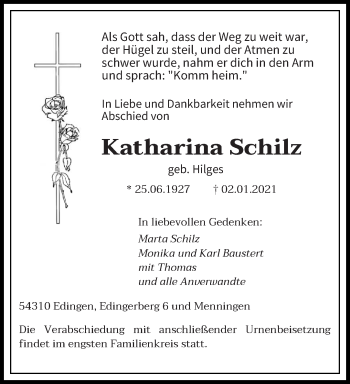 Todesanzeige von Katharina Schilz von trierischer_volksfreund