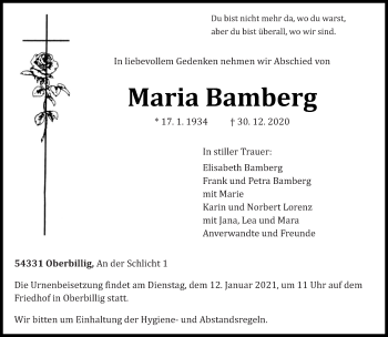 Todesanzeige von Maria Bamberg von trierischer_volksfreund
