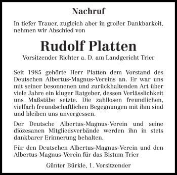 Todesanzeige von Rudolf Platten von trierischer_volksfreund
