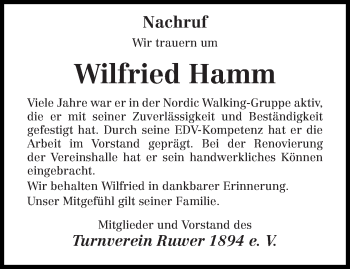 Todesanzeige von Wilfried Hamm von trierischer_volksfreund