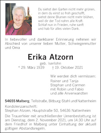Todesanzeige von Erika Atzorn von trierischer_volksfreund