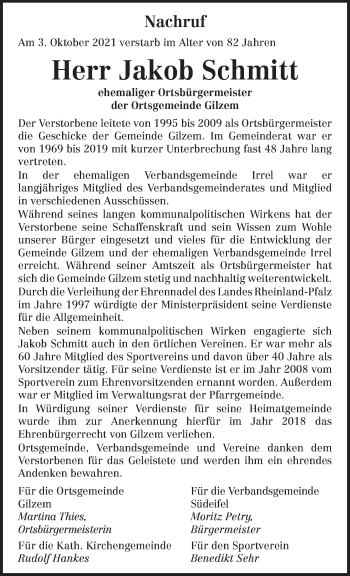 Todesanzeige von Jakob Schmitt von trierischer_volksfreund