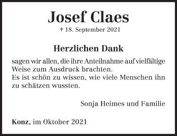 Todesanzeige von Josef Claes von trierischer_volksfreund
