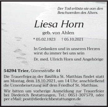 Todesanzeige von Lieses Horn von trierischer_volksfreund