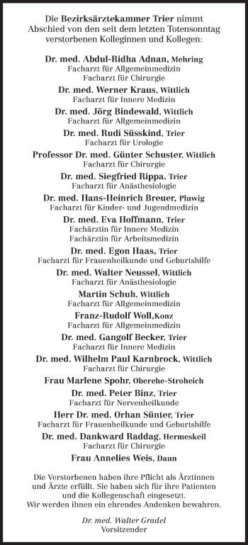 Todesanzeige von Bezirksärztekammer Trier nimmt Abschied von trierischer_volksfreund