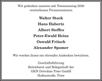 Todesanzeige von GKN Driveline Trier GmbH gedenkt an von trierischer_volksfreund