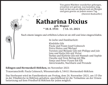 Todesanzeige von Katharina Dixius von trierischer_volksfreund