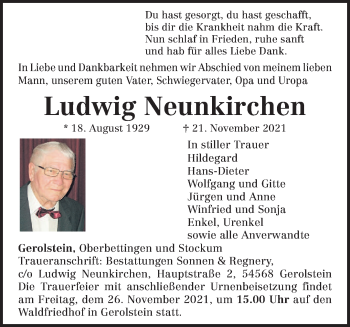 Todesanzeige von Ludwig Neunkirchen von trierischer_volksfreund