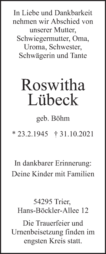 Todesanzeige von Roswitha Lübeck von trierischer_volksfreund
