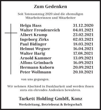 Todesanzeige von Tarkett Holding GmbH Konz gedenkt von trierischer_volksfreund