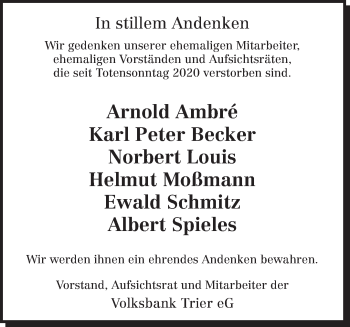 Todesanzeige von Volksbank Trier eG gedenkt von trierischer_volksfreund