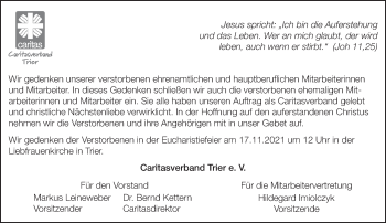 Todesanzeige von Wir gedenken Caritasverband Trier e. V. von trierischer_volksfreund