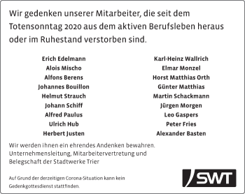 Todesanzeige von Wir gedenken Stadtwerke Trier von trierischer_volksfreund