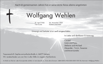 Todesanzeige von Wolfgang Wehlen von trierischer_volksfreund