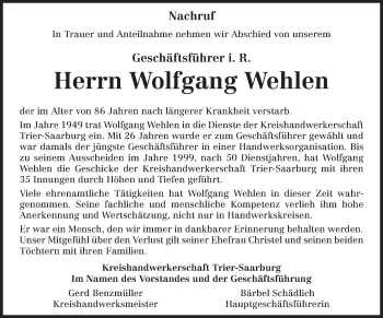 Todesanzeige von Wolfgang Wehlen von trierischer_volksfreund