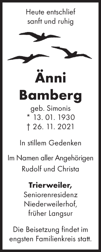 Todesanzeige von Änni Bamberg von trierischer_volksfreund