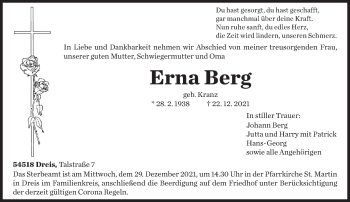 Todesanzeige von Erna Berg von trierischer_volksfreund